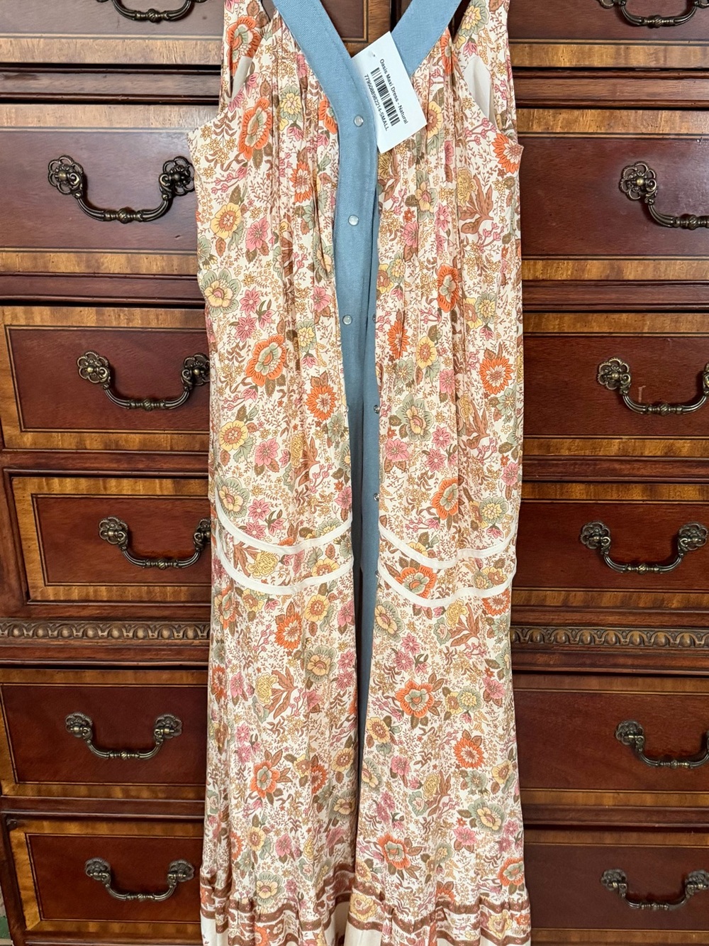 Davi & Dani Floral Maxi Dress in Peach, Pink and Blue Trim
